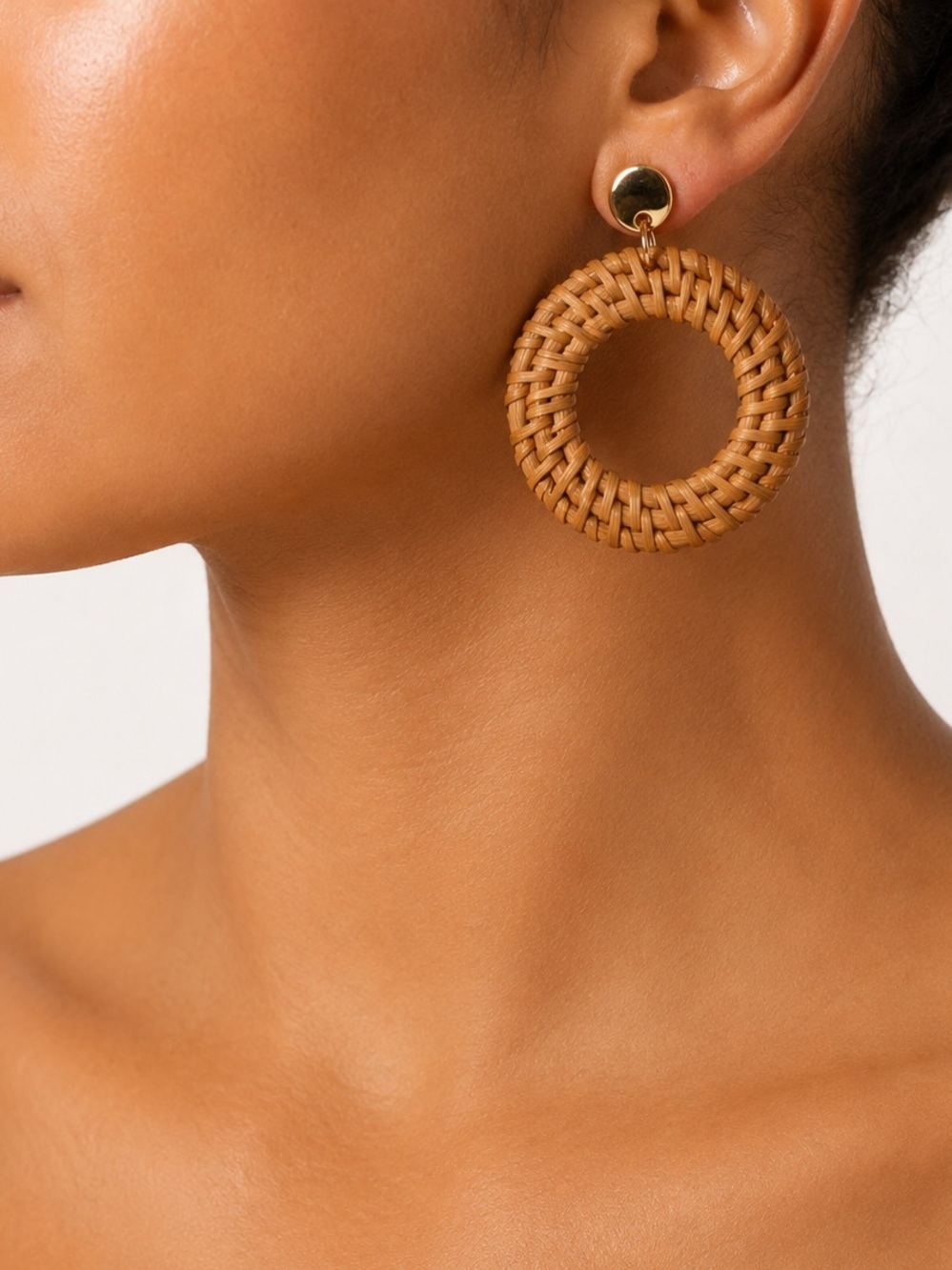 Woven Tan Hoop Drop Earrings with Gold Studs - Women Jewelry - Picture 2 of 2